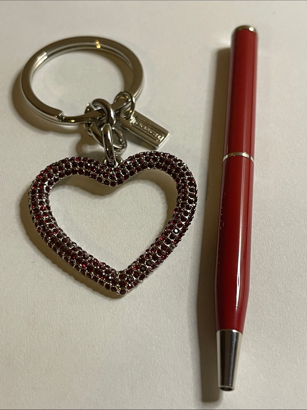 Coach Rhinestone Heart Keychain - Red Crystal Accent and Coach Pen